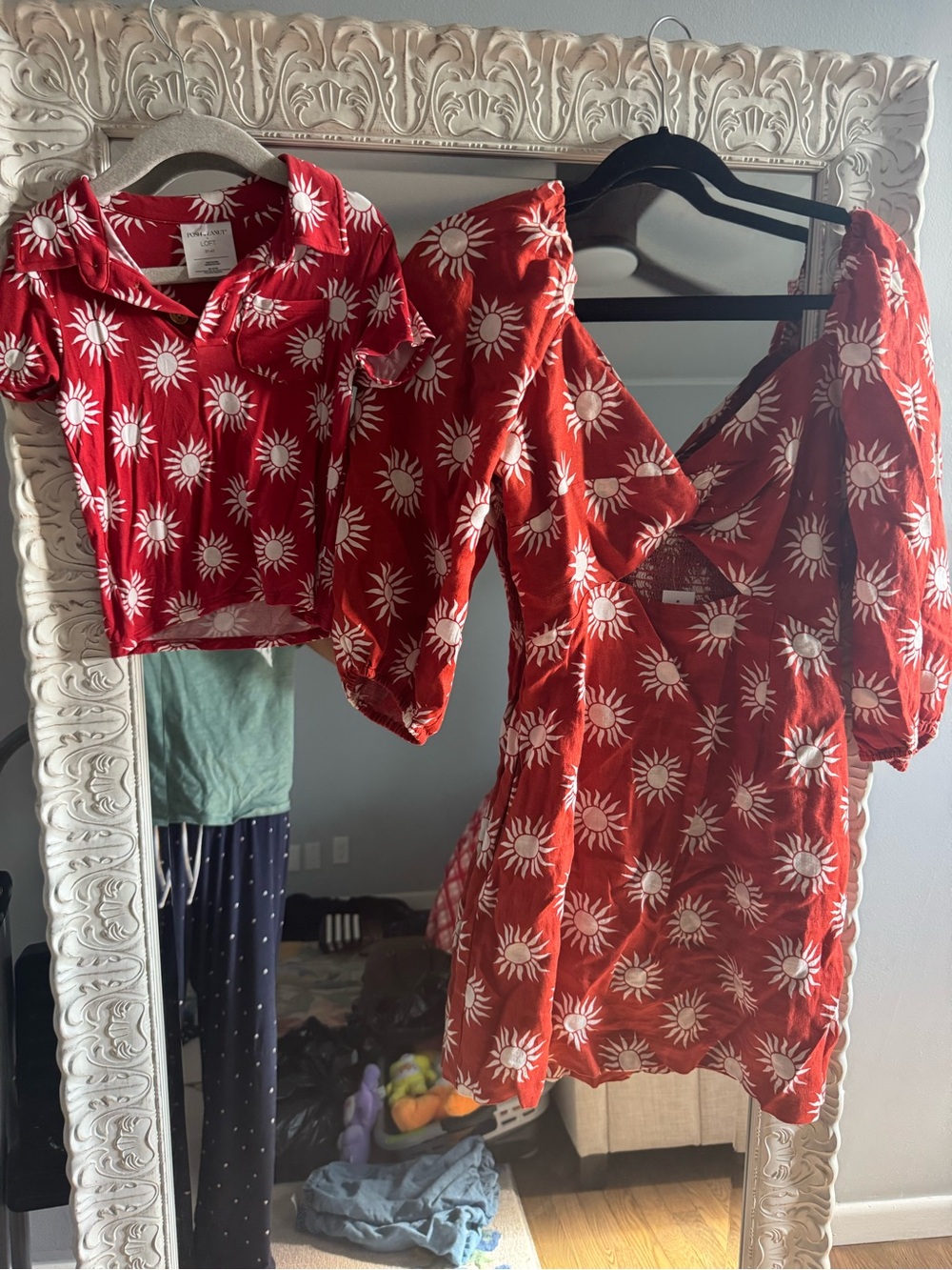 Posh Peanut x Loft Red Sunburst Floral Mini Dress and matching toddler boy shirt